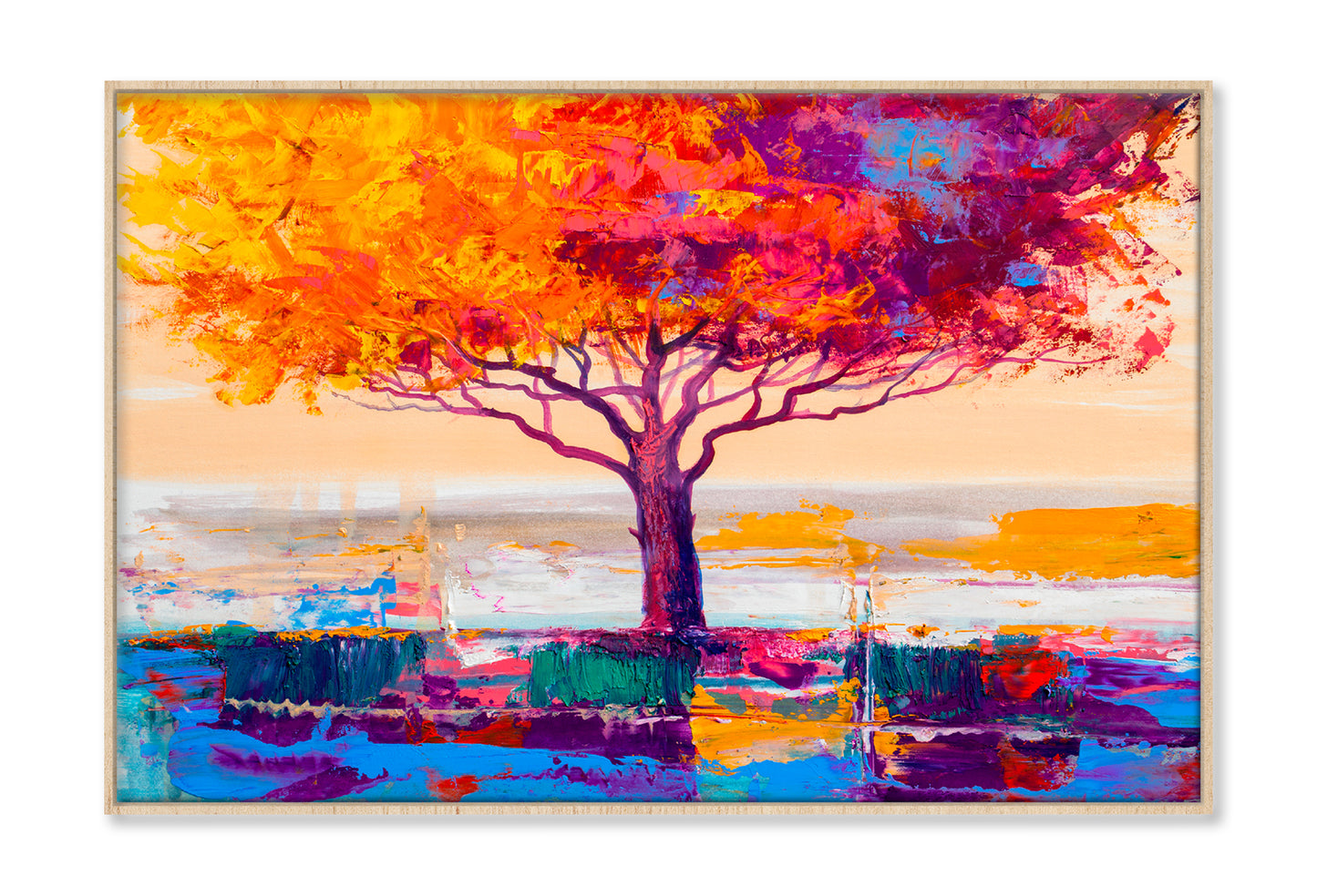 Orange Red Leaves With Large Tree Oil Painting Limited Edition High Quality Print Canvas Box Framed Natural