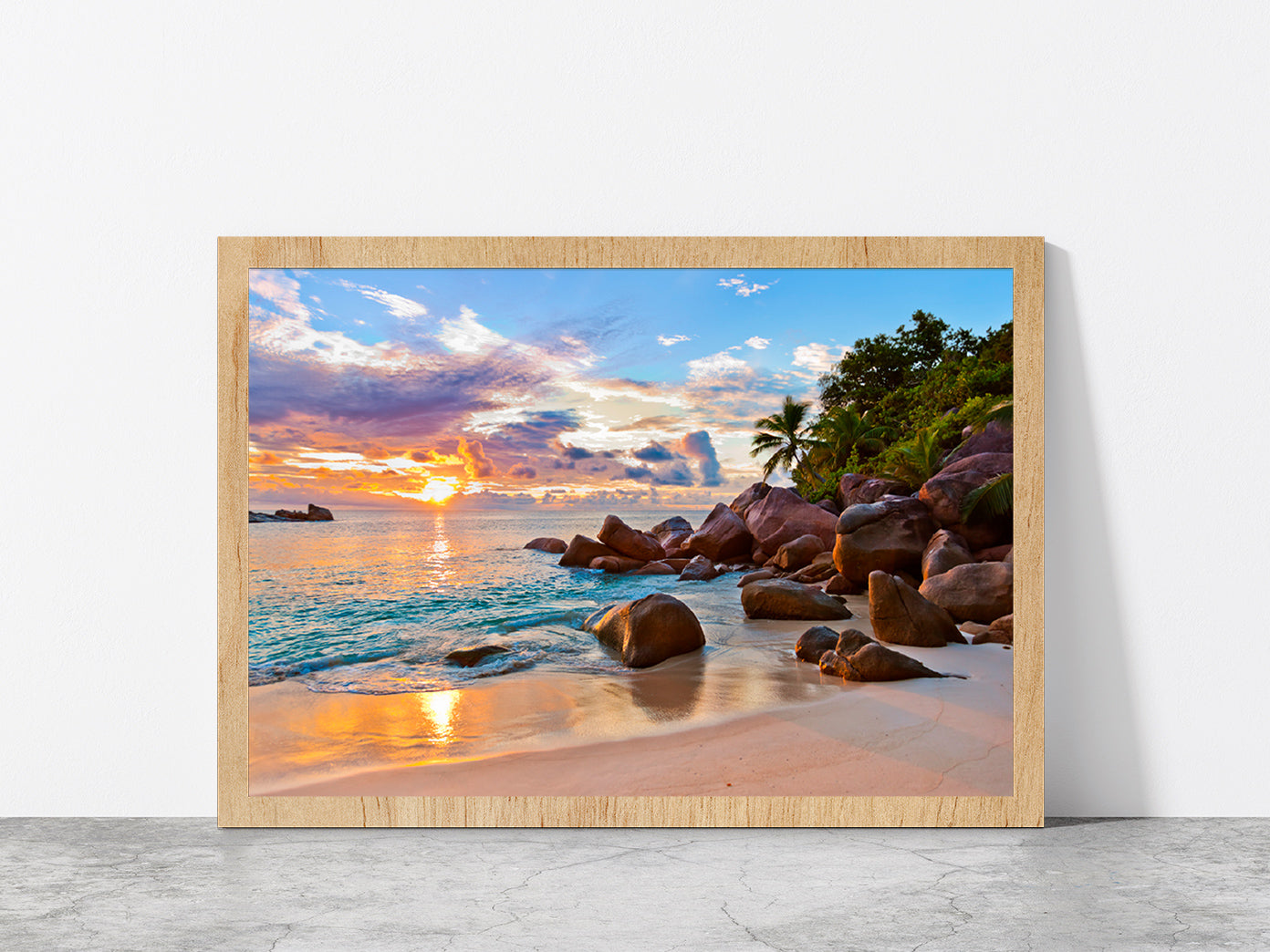 Seychelles Beach At Sunset Glass Framed Wall Art, Ready to Hang Quality Print Without White Border Oak