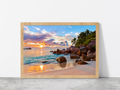 Seychelles Beach At Sunset Glass Framed Wall Art, Ready to Hang Quality Print Without White Border Oak