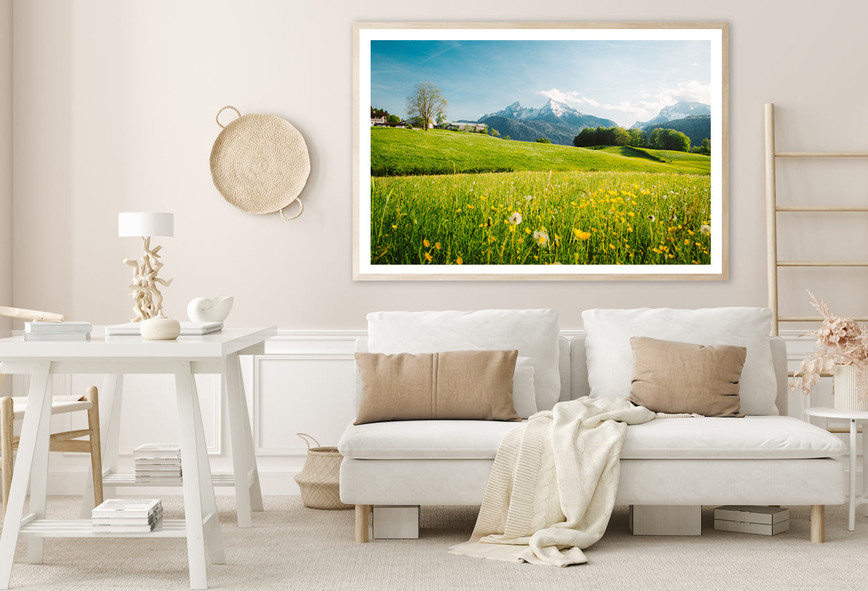 Blooming Meadows with Mountains in springtime Home Decor Premium Quality Poster Print Choose Your Sizes