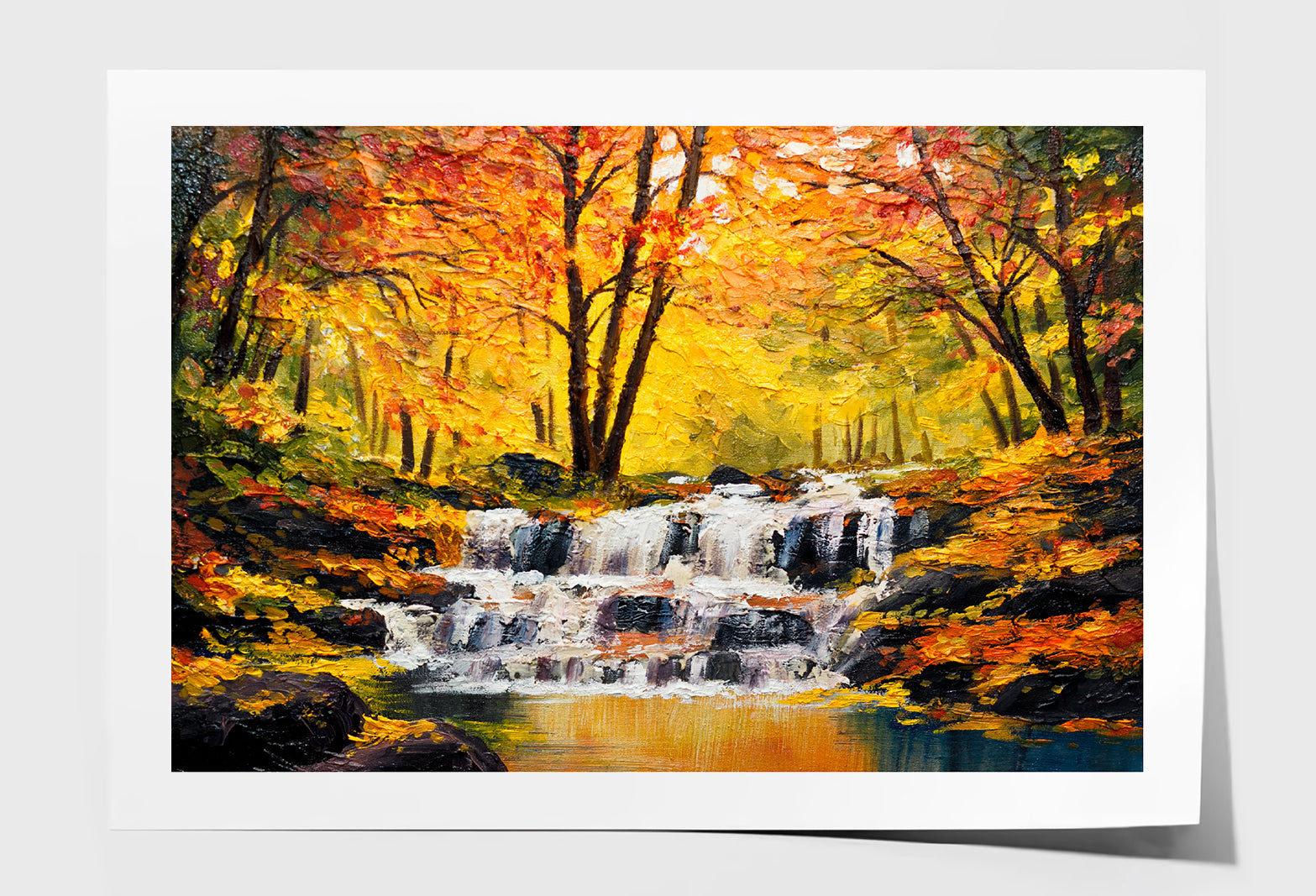 Waterfall In Autumn Forest Oil Painting Wall Art Limited Edition High Quality Print Unframed Roll Canvas None