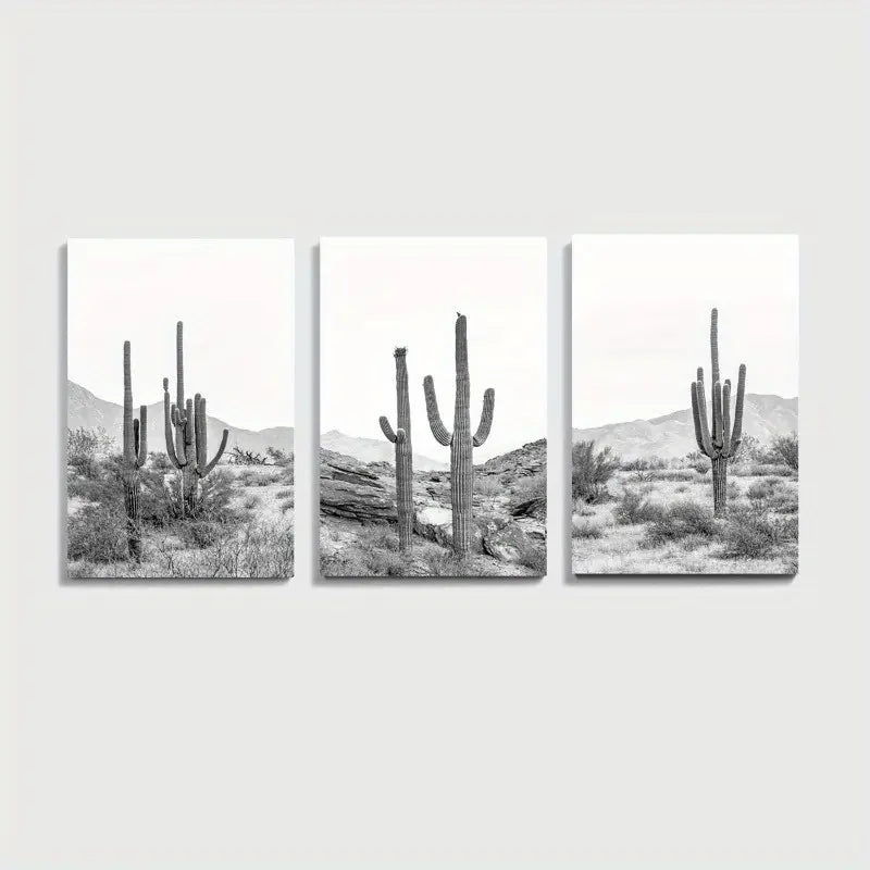 3pcs Black & White Desert Cactus Wall Art Set Canvas Framed 60x90cm - High Quality Print 100% Australian Made Wall Canvas Ready to Hang