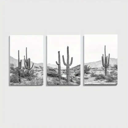 3pcs Black & White Desert Cactus Wall Art Set Canvas Framed 60x90cm - High Quality Print 100% Australian Made Wall Canvas Ready to Hang
