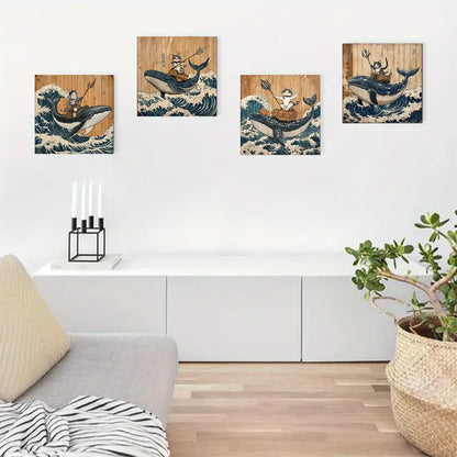 4pcs Decor Hero Cat Riding A Whal Elegant Wall Art Canvas Framed