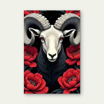 Sheep'S Head with Large Curved Horns And Red Eyes 60x90cm Metal Print Ready to Hang - Bella Home Decor