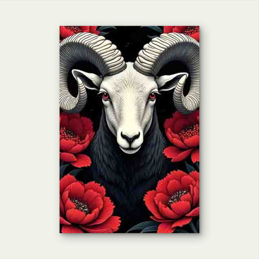 Sheep'S Head with Large Curved Horns And Red Eyes 60x90cm Metal Print Ready to Hang - Bella Home Decor