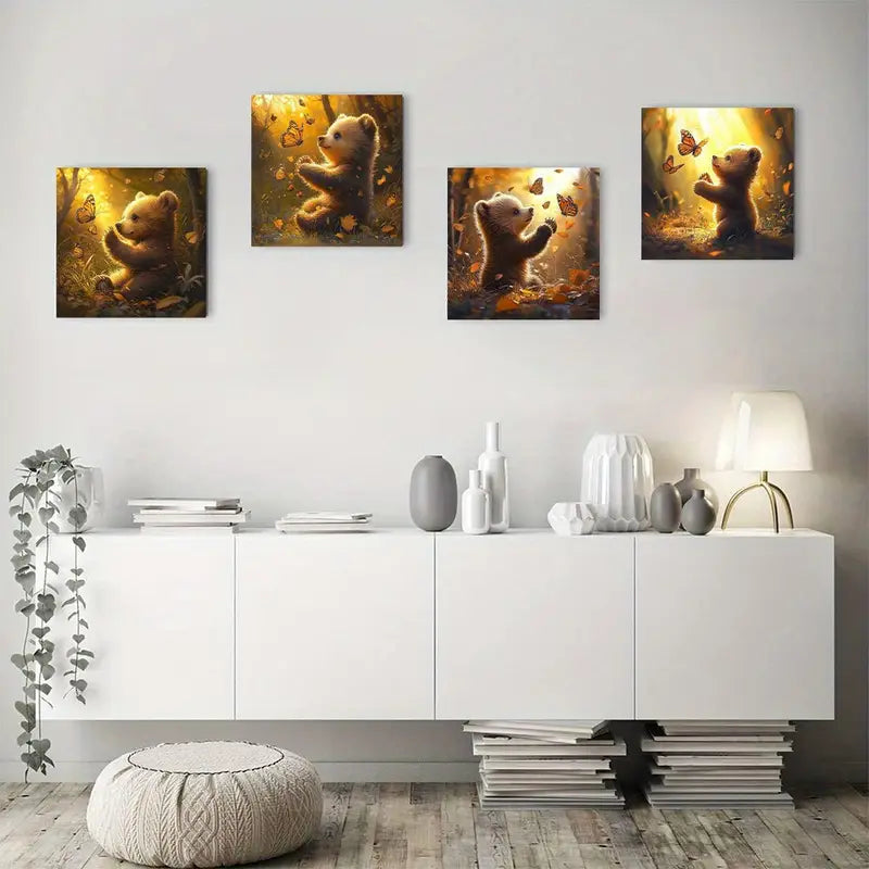 4pcs Painting Bear Butterfly Wall Art Canvas Framed