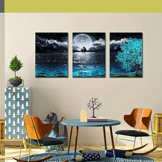 3pcs Moonlit Ocean & Tree Metal Print Ready to Hang Art