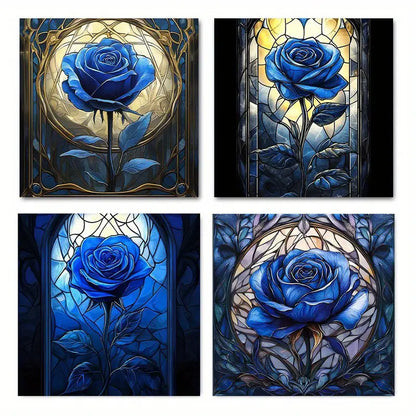 4pcs Rustic Blue Rose Wall Art Canvas Framed