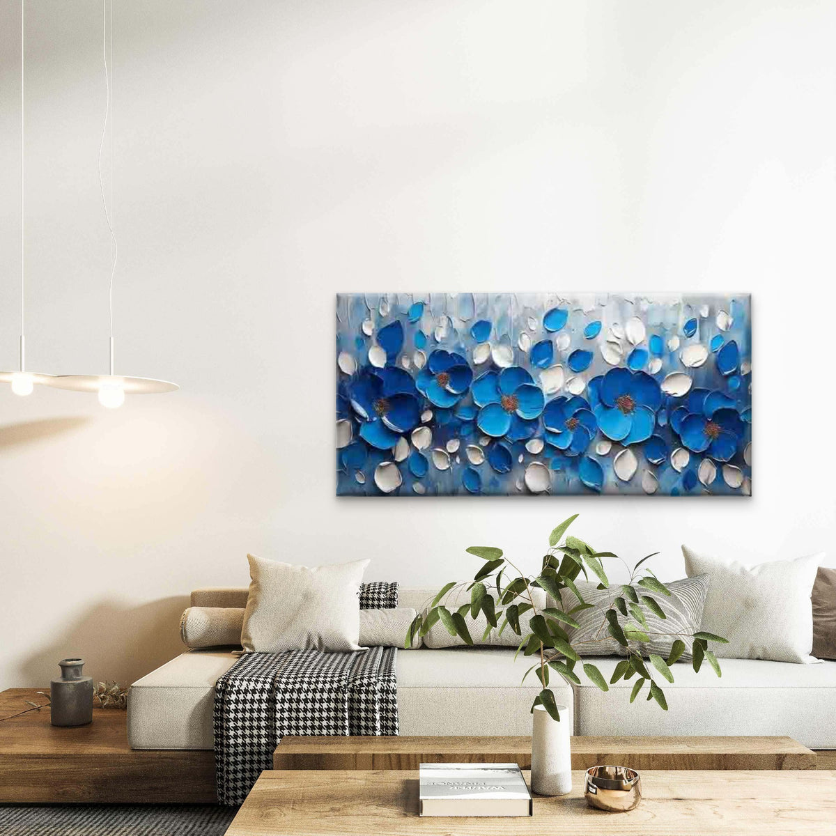 Abstract Blue Floral Petals Wall Art Canvas Office Home Room Framed 120x60cm