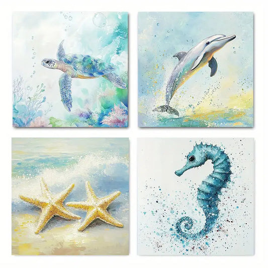 4pcs Sea Turtle Bathroom Seahorse Dolphin Starfi Wall Art Canvas Framed