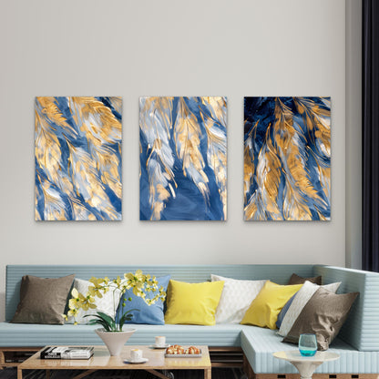 3pcs Abstract Gold Feather Navy Blue Metal Print Ready to Hang Art