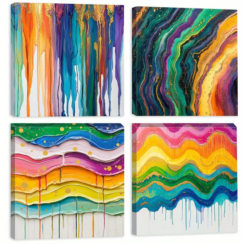 4pcs  Vibrant Rainbow  Flowing Paint  Wall Art Canvas Framed