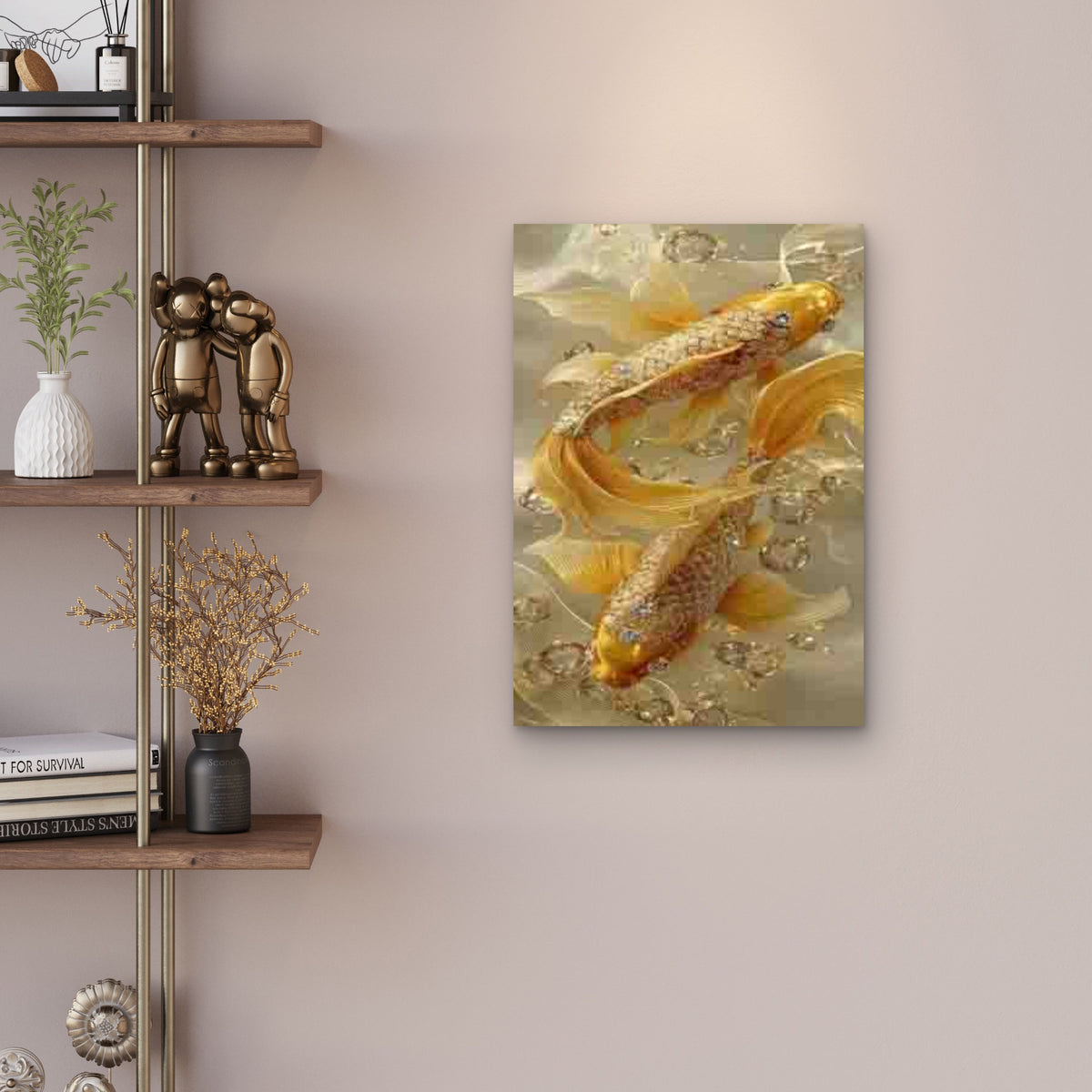 Twin Koi Fish Diamond Accent Water Art Metal Print Ready to Hang