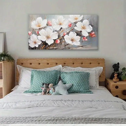 Abstract Blooming Flowers Elegant White & Golden Floral Wall Art canvas office home room framed 120x60cm
