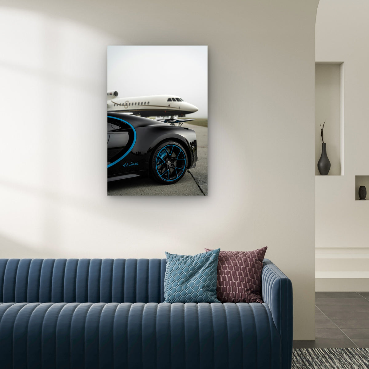 Black Bugatti Chiron with Blue Accents by Private Jet 40x60cm Metal Print Ready to Hang