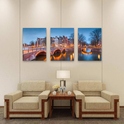 3pcs Amsterdam Canal Bridges at Night Wall Art Set Canvas Framed 40x60cm - High Quality Print 100% Australian Made Wall Canvas Ready to Hang