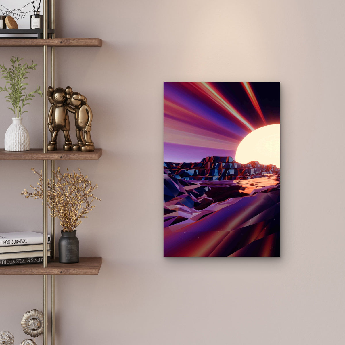 Retro Synthwave Low-Poly Desert Sunset Metal Print Ready to Hang