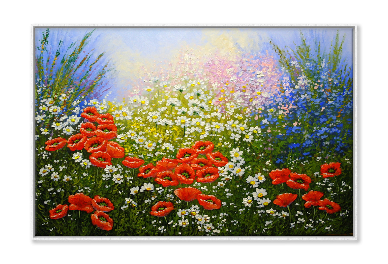 White Flowers & Red Poppies Field Oil Painting Wall Art Limited Edition High Quality Print Canvas Box Framed White