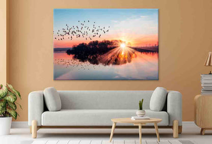 Birds Flying Above Lake at Sunset Wall Art Decor 100% Australian Made
