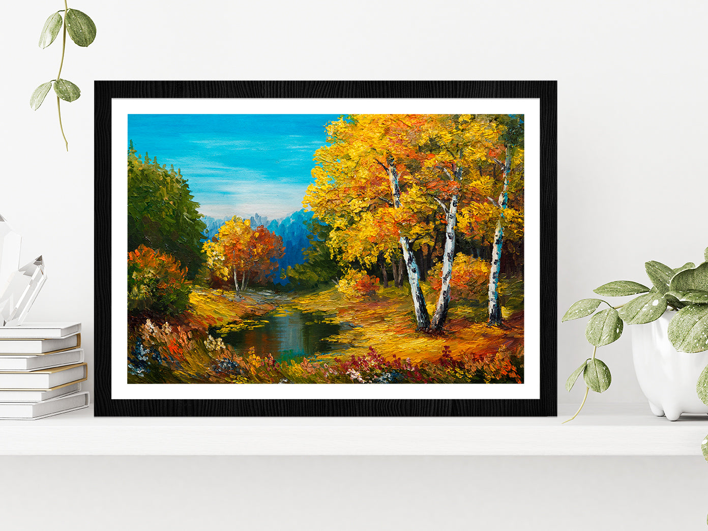 The River In Autumn Forest & Sunset Painting Glass Framed Wall Art, Ready to Hang Quality Print With White Border Black