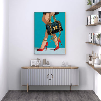Women Red High Heels Golden Chain and Handbag Fashion Home Decor Premium Quality Poster Print Choose Your Sizes