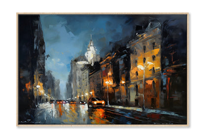 City Night Road with Vehicle Oil Painting Wall Art Limited Edition High Quality Print Canvas Box Framed Natural