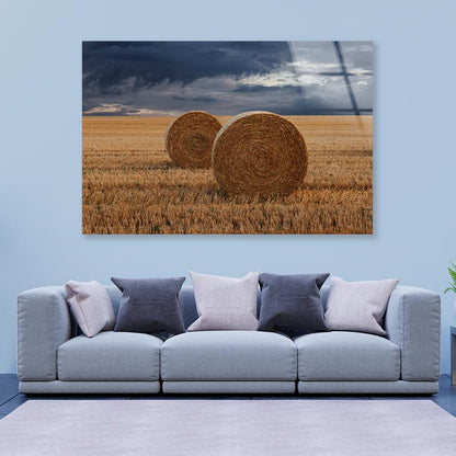 Straw Bales in A Field at Sunset View Acrylic Glass Print Tempered Glass Wall Art 100% Made in Australia Ready to Hang