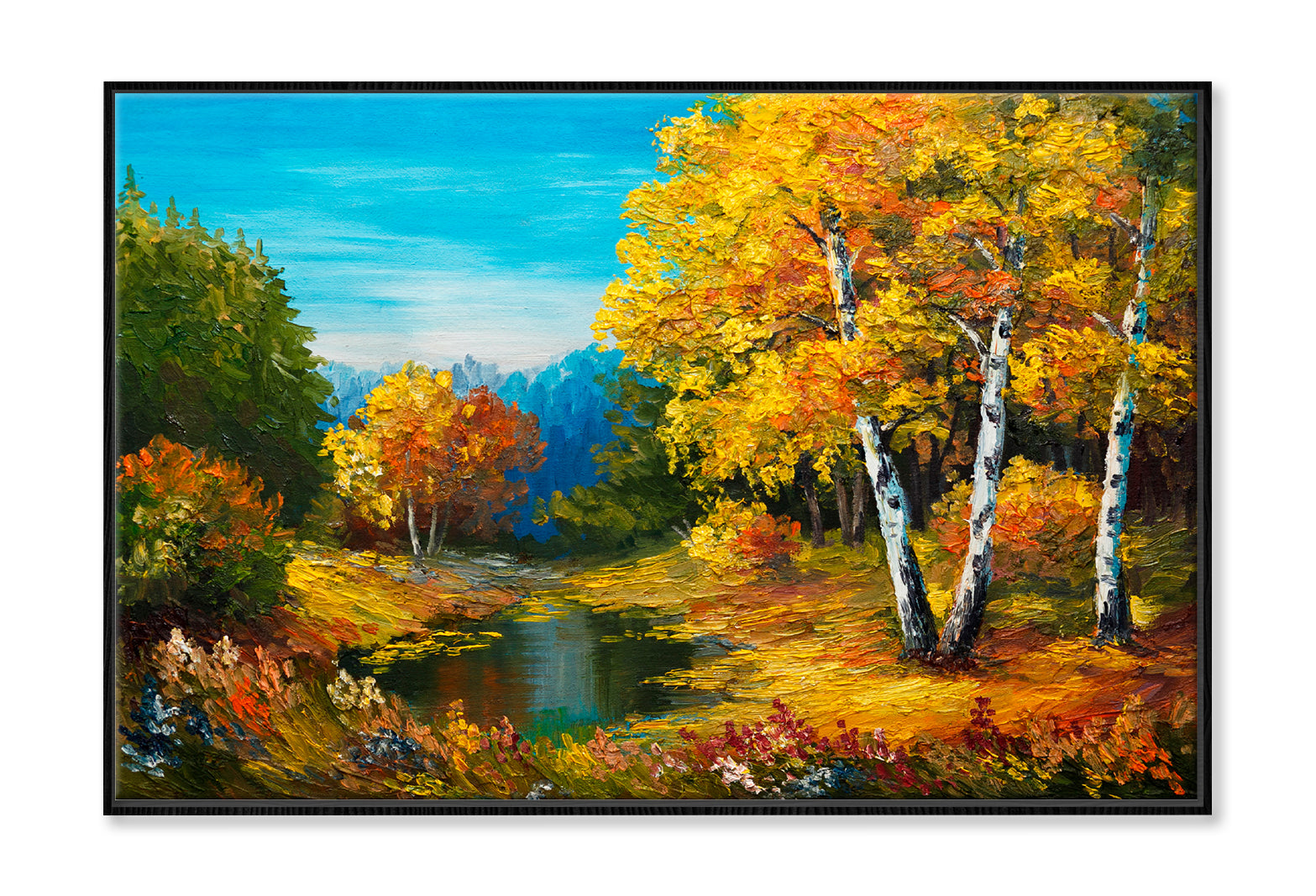 Autumn Forest With A Lake Painting Wall Art Limited Edition High Quality Print Canvas Box Framed Black