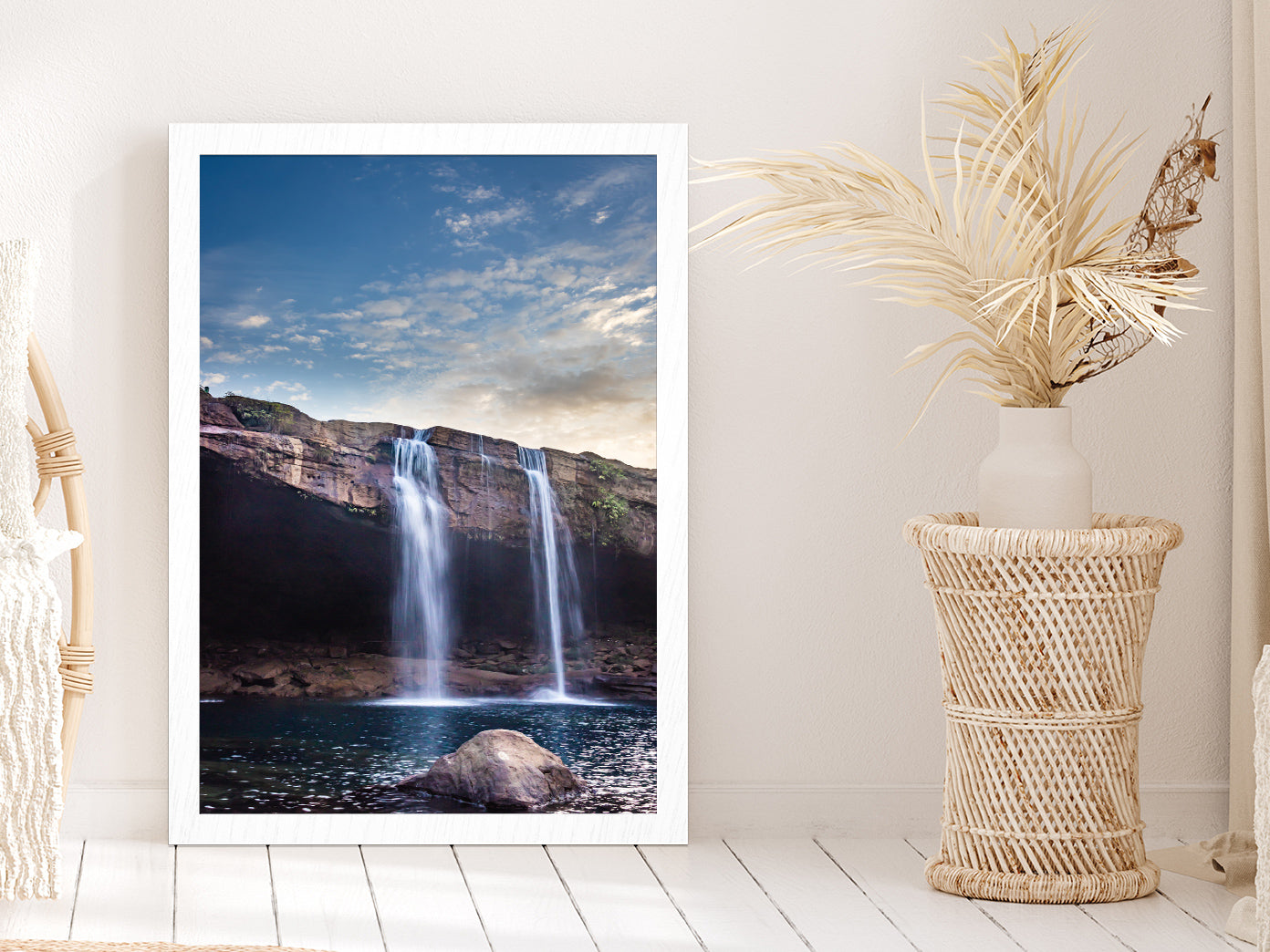 Waterfall Falling From Mountain Glass Framed Wall Art, Ready to Hang Quality Print Without White Border White