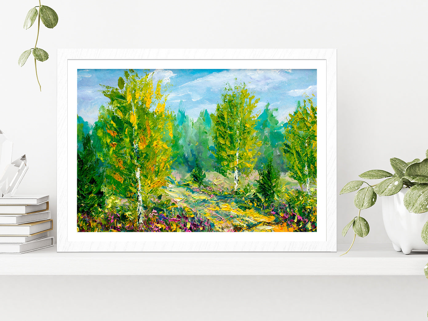 Green Trees & Bright Nature Summer Landscape Glass Framed Wall Art, Ready to Hang Quality Print With White Border White