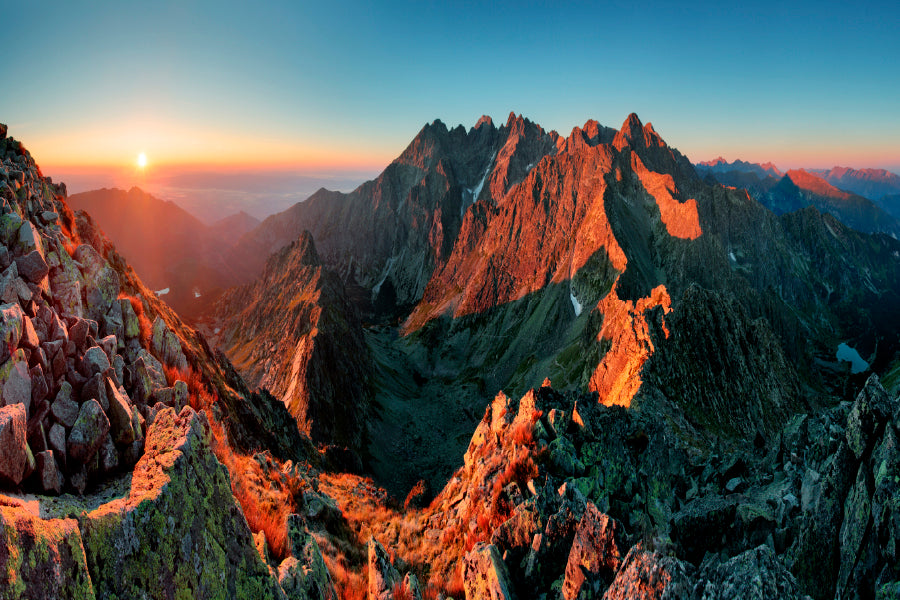 Mountain Sunset From Peak Glass Framed Wall Art, Ready to Hang Quality Print