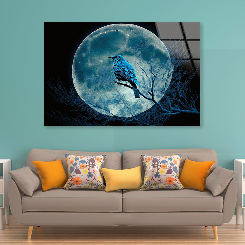 Bird, the Moon, and a Blue Night Acrylic Glass Print Tempered Glass Wall Art 100% Made in Australia Ready to Hang