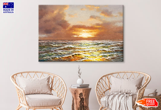 Waves on the Sea & Sunset Sky Oil Painting Wall Art Limited Edition High Quality Print