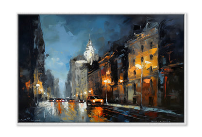 City Night Road with Vehicle Oil Painting Wall Art Limited Edition High Quality Print Canvas Box Framed White