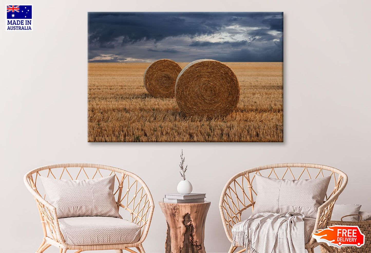 Straw Bales in A Field at Sunset View Wall Art Decor 100% Australian Made