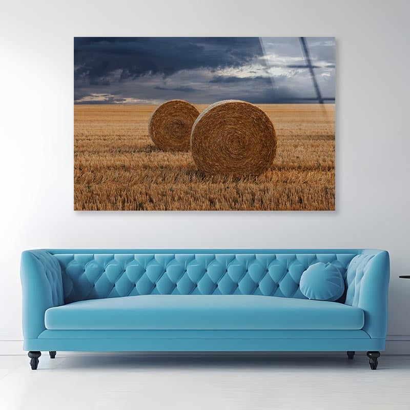 Straw Bales in A Field at Sunset View Acrylic Glass Print Tempered Glass Wall Art 100% Made in Australia Ready to Hang