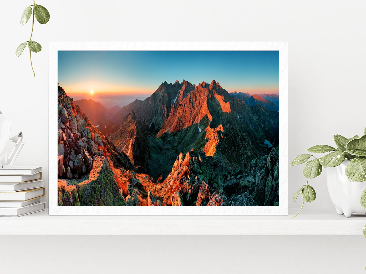 Mountain Sunset From Peak Glass Framed Wall Art, Ready to Hang Quality Print Without White Border White