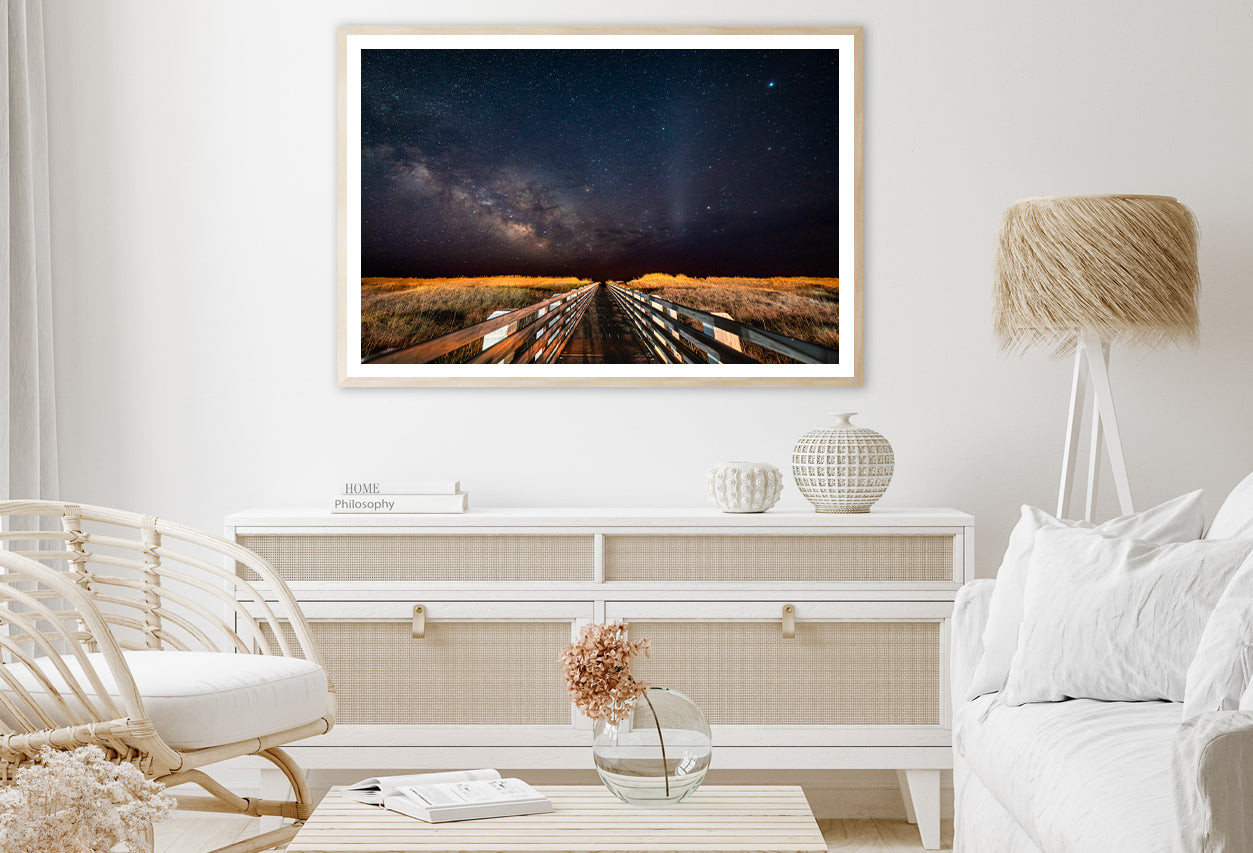 Wooden Bridge across a Meadow under a Starry Sky Home Decor Premium Quality Poster Print Choose Your Sizes