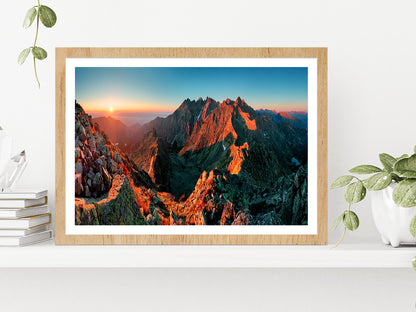 Mountain Sunset From Peak Glass Framed Wall Art, Ready to Hang Quality Print With White Border Oak