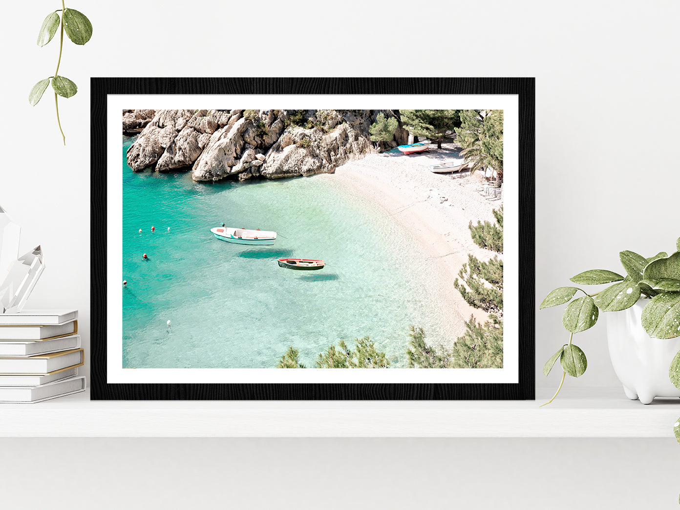 Boats on Sea & Rock Mountain Faded Photograph Glass Framed Wall Art, Ready to Hang Quality Print With White Border Black