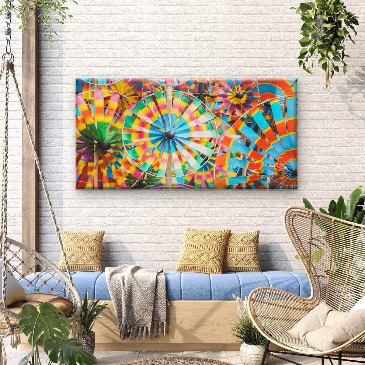 Rainbow Wind Spinner Pinwheels Wall Art Canvas Office Home Room Framed 120x60cm
