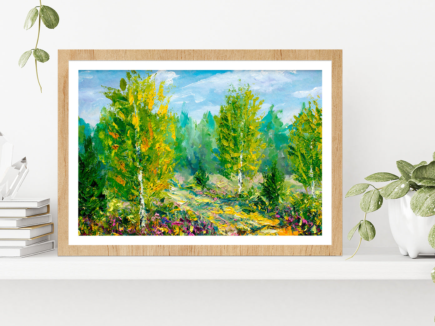 Green Trees & Bright Nature Summer Landscape Glass Framed Wall Art, Ready to Hang Quality Print With White Border Oak