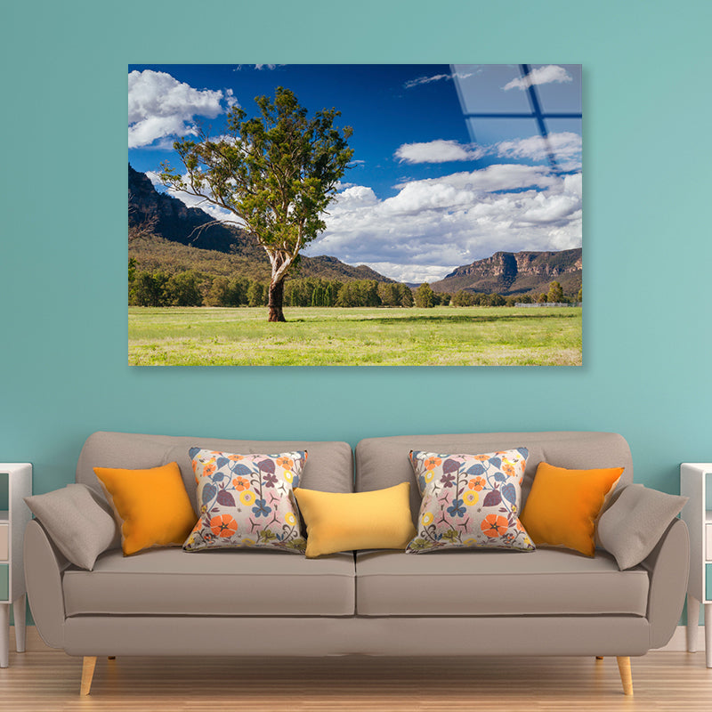 A Cloudy Sky and Mountains with Grass and Meadows Acrylic Glass Print Tempered Glass Wall Art 100% Made in Australia Ready to Hang