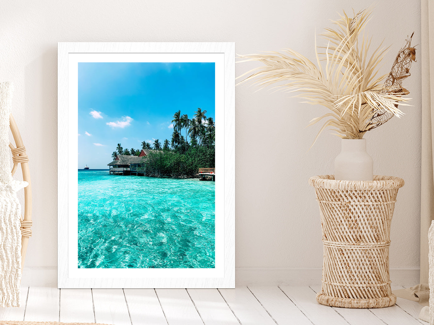 Indian Ocean & Villa Beach Photograph Glass Framed Wall Art, Ready to Hang Quality Print With White Border White