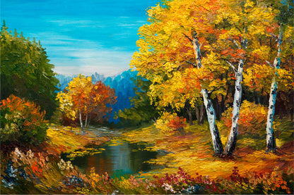 The River In Autumn Forest & Sunset Painting Glass Framed Wall Art, Ready to Hang Quality Print