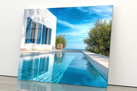 Swimming Pool with a House, Trees, Sky Acrylic Glass Print Tempered Glass Wall Art 100% Made in Australia Ready to Hang