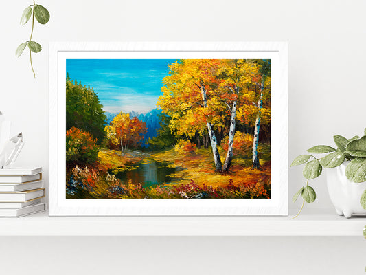 The River In Autumn Forest & Sunset Painting Glass Framed Wall Art, Ready to Hang Quality Print With White Border White