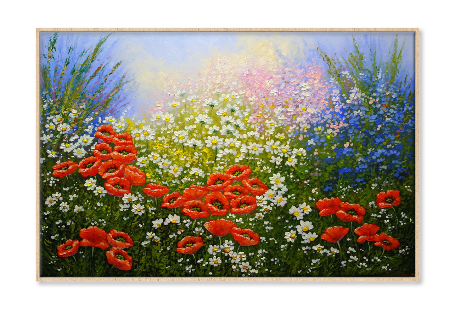 White Flowers & Red Poppies Field Oil Painting Wall Art Limited Edition High Quality Print Canvas Box Framed Natural