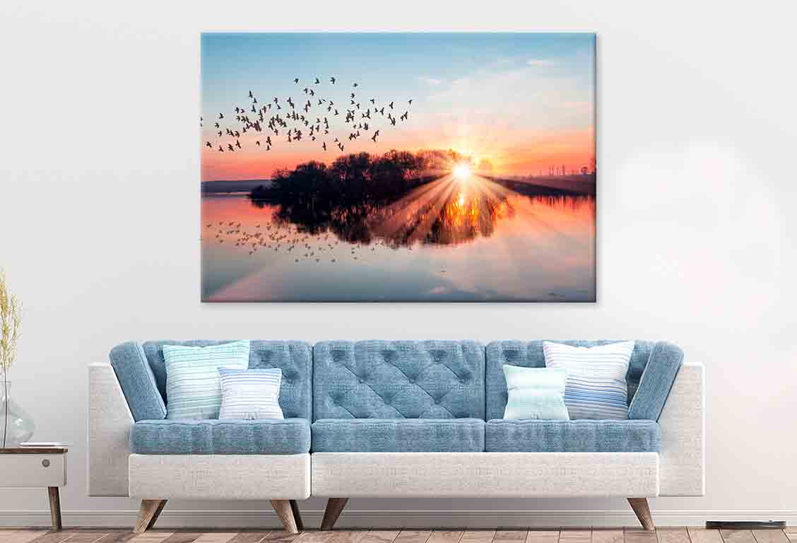 Birds Flying Above Lake at Sunset Wall Art Decor 100% Australian Made